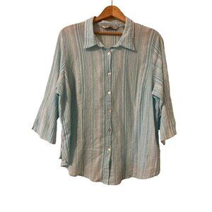 Womens Avenue Cotton Shirt Green Stripes Button Front 3/4 Sleeve Collar SZ 22/24